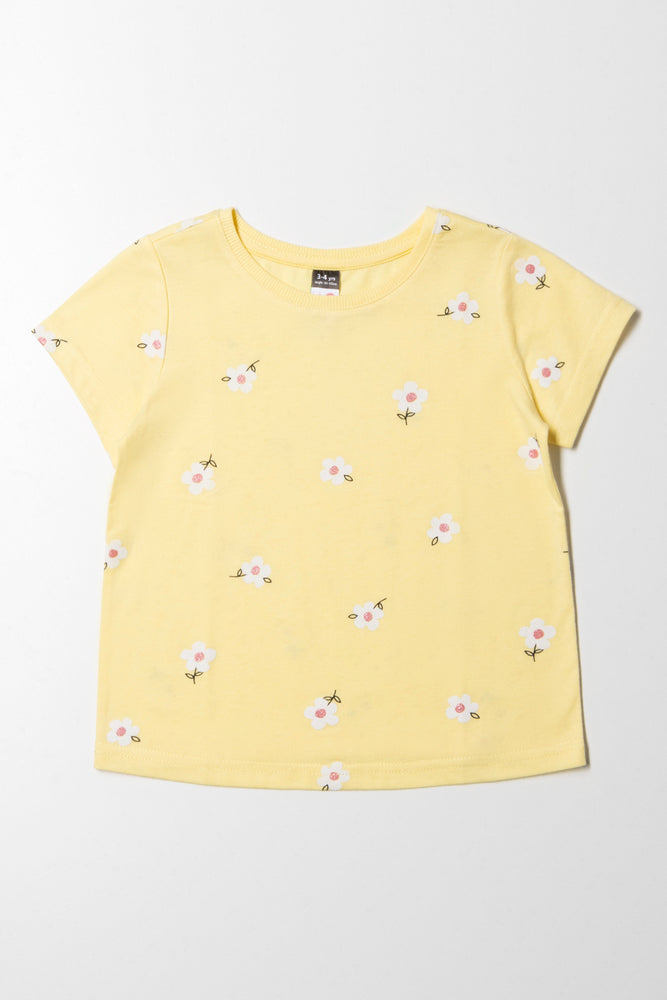 Slightly Flared Design Floral Short Sleeve T-Shirt Yellow