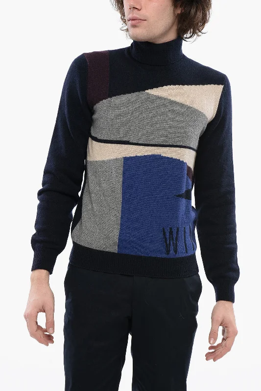 Slightly Flared Design Corneliani Cashmere Turtleneck Sweater With Multicolored Brand