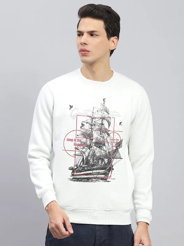 Weekend Style Men White Printed Round Neck Full Sleeve Sweatshirt