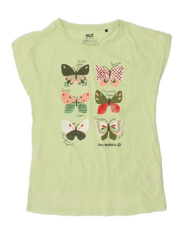 Customized Version JACK WOLFSKIN Girls Graphic T-Shirt Top 13-14 Years Green Cotton Butterfly