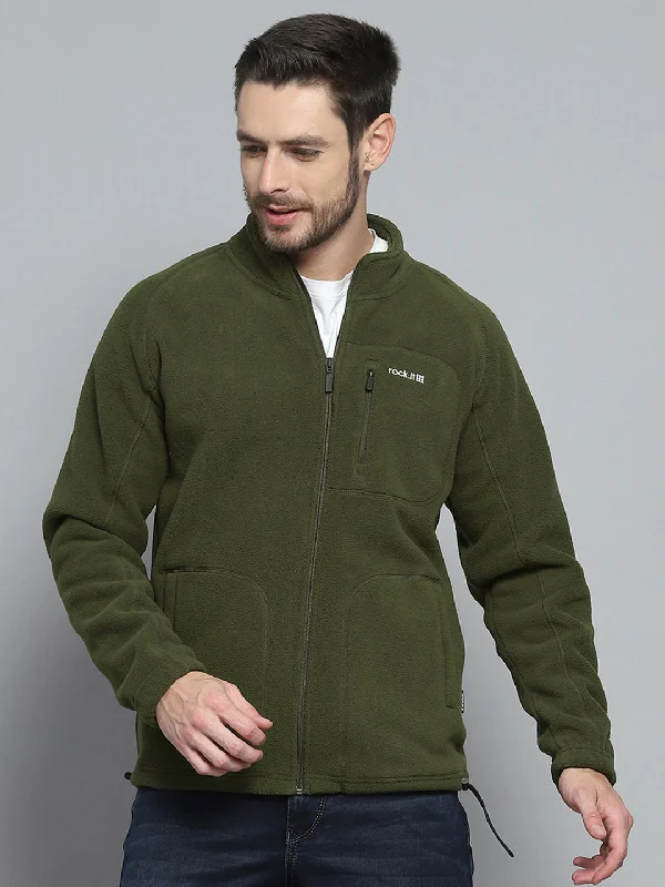Preview New Products Men Olive Solid Mock Neck Full Sleeve Sweatshirt