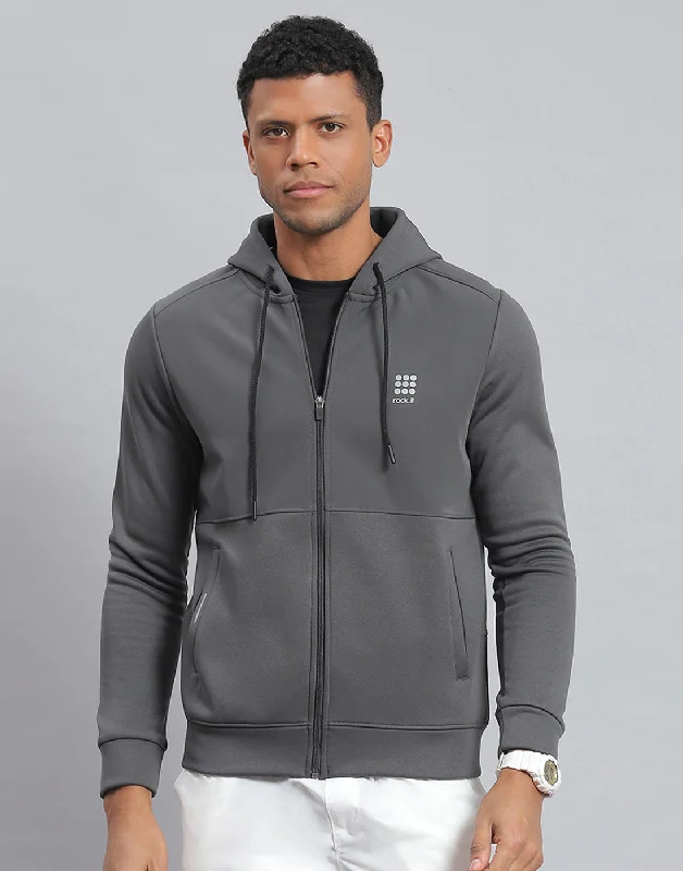 Exquisite Craftsmanship Men Grey Solid Hooded Full Sleeve Sweatshirt
