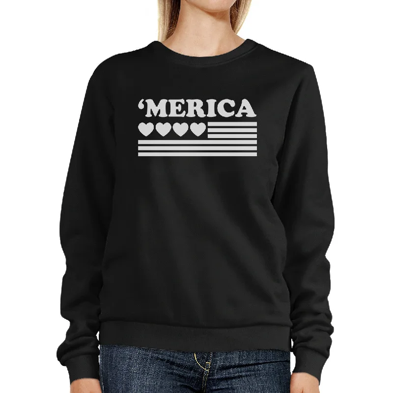 Unique Prints Heart 'Merica Cute American Flag Design Sweatshirt Black Round Neck