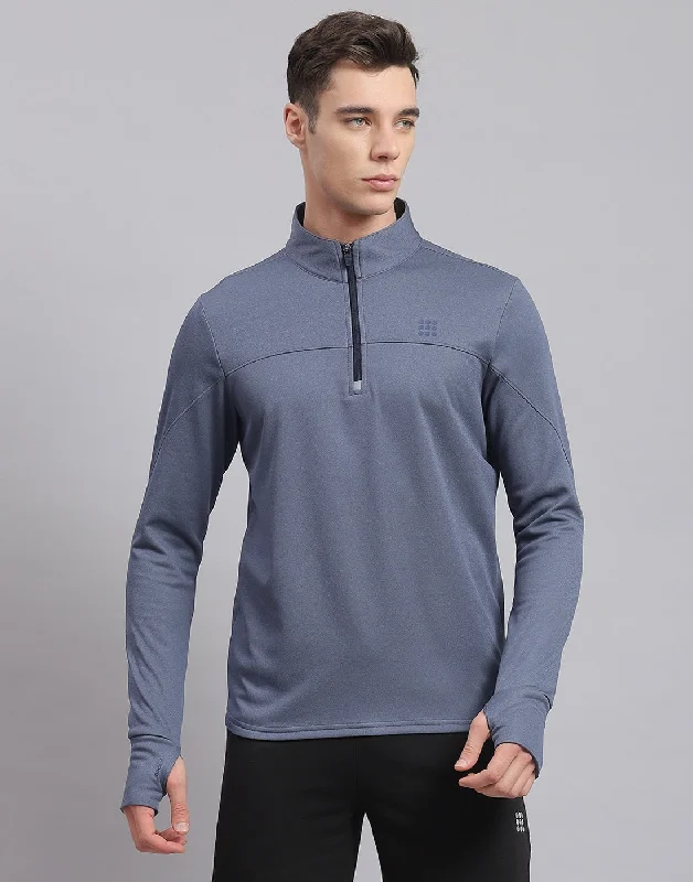 Exclusive Customization Men Blue Solid Stand Collar Full Sleeve Sweatshirt