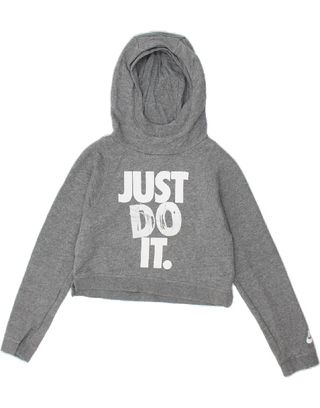 Fashionable Ease NIKE Girls Graphic Crop Hoodie Jumper 12-13 Years Large Grey Cotton