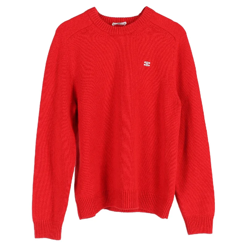 Cozy Look Celine Logo Knitted Crewneck Sweater in Red Cashmere