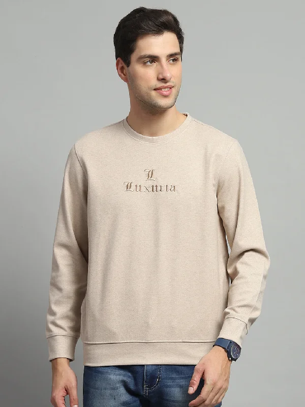 Easy Chic Men Beige Self Design Round Neck Full Sleeve Sweatshirt