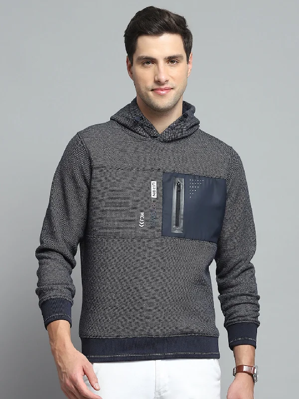 Comfortable Jackets Men Navy Blue Printed Hooded Full Sleeve Sweatshirt