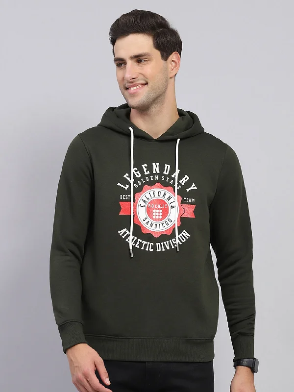 All-Day Comfort Men Olive Printed Hooded Full Sleeve Sweatshirt