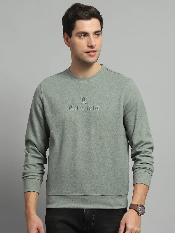 Chic Outfits Men Olive Self Design Round Neck Full Sleeve Sweatshirt