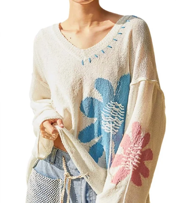 Double-sided Wear Distressed Floral Sweater In Ivory