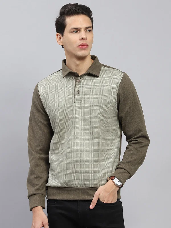 Lounge Chic Men Green Self Design Collar Full Sleeve Sweatshirt