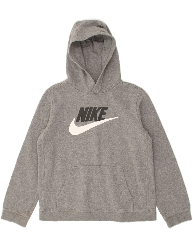 Elegant Outline NIKE Boys Graphic Hoodie Jumper 13-14 Years XL Grey Cotton