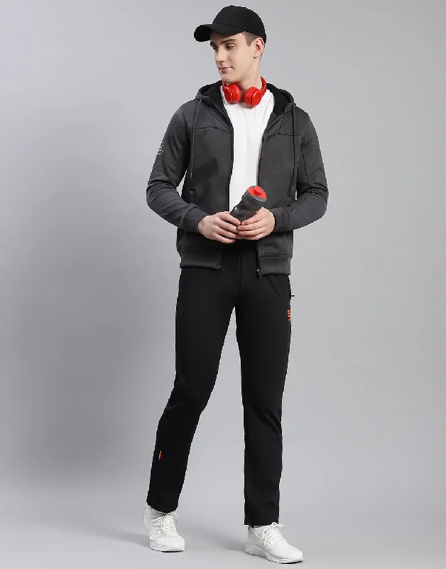 British Style Men Grey Self Design Hooded Full Sleeve Sweatshirt