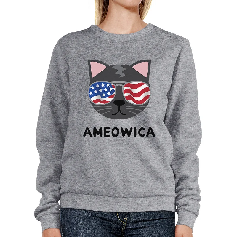 Cozy Knits Ameowica Unisex Gray Cute Cat Sweatshirt For Independence Day