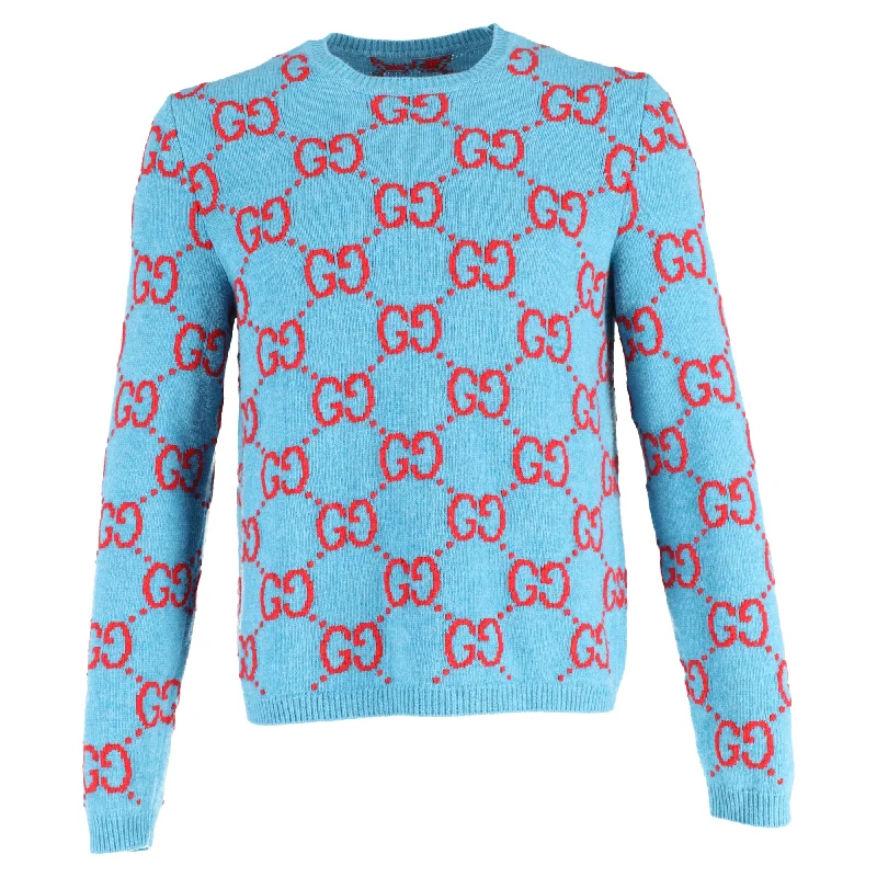 Minimal Comfort Gucci Logo Crewneck Sweater in Light Blue Wool