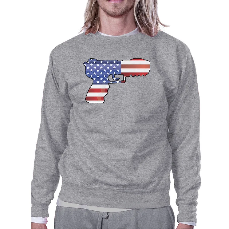 Stylish Wear Pistol American Flag Unisex Grey Sweatshirt Gift For Gun Supporters
