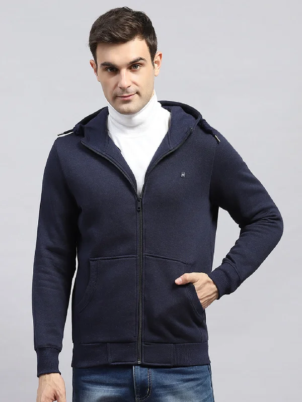 Warm Layers Men Navy Blue Solid Hooded Full Sleeve Sweatshirt