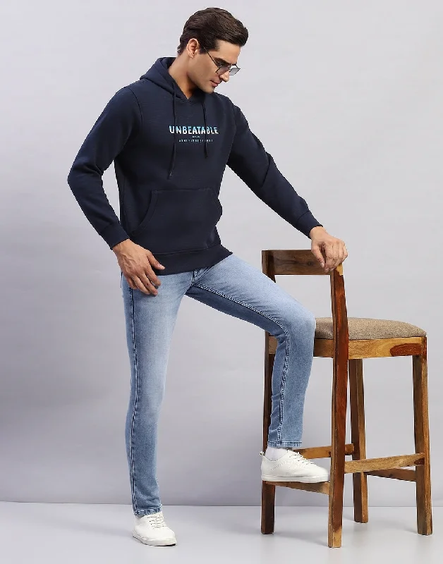 Warm Comfort Men Navy Blue Solid Hooded Full Sleeve Sweatshirt