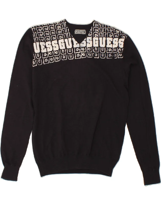 Sweet Girl GUESS Girls Graphic V-Neck Jumper Sweater 13-14 Years Black Cotton