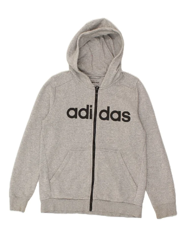 Cozy Fitting ADIDAS Boys Graphic Zip Hoodie Sweater 13-14 Years Grey Cotton