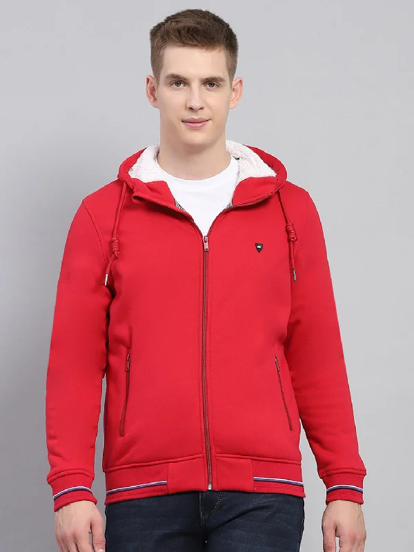 Easygoing Style Men Red Solid Hooded Full Sleeve Sweatshirt