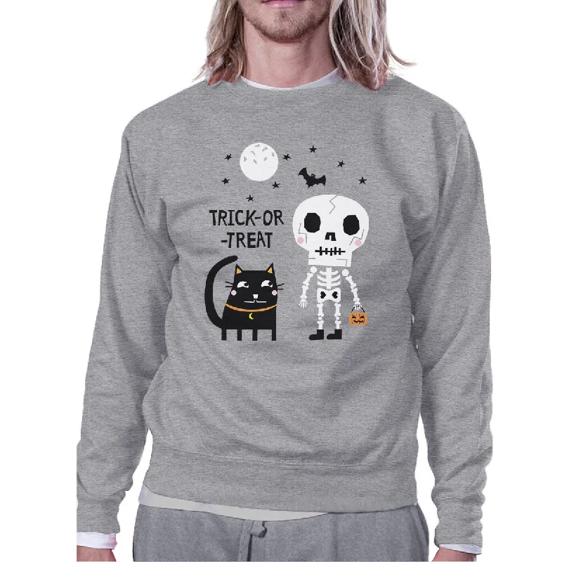 Soft Feel Trick-Or-Treat Skeleton Black Cat Grey SweatShirt
