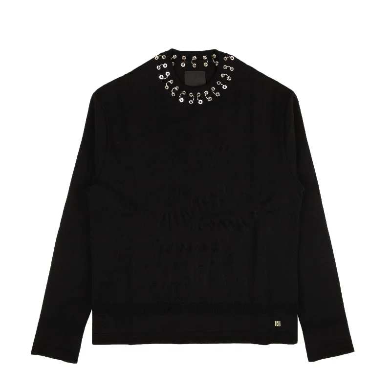 Easygoing Style Black Metallic Hoop Detail Wool Pullover Sweater