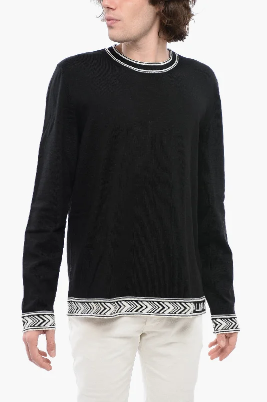 Celebrity Style Balmain Crew Neck Virgin Wool Sweater With Contrasting Edges