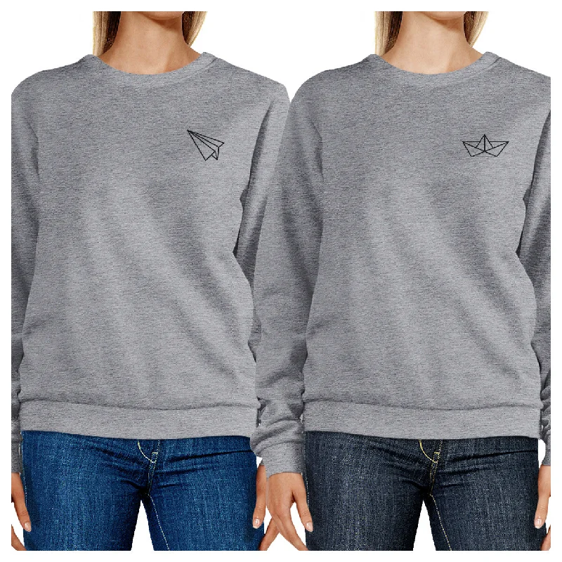 Lazy Home Origami Plane And Boat BFF Matching Grey Sweatshirts