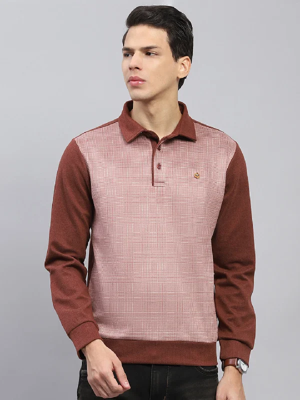 Cozy Outfit Men Rust Self Design Collar Full Sleeve Sweatshirt