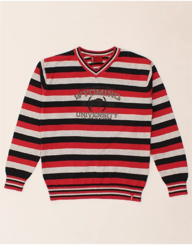 Weekend Comfort LEVI'S Boys Graphic V-Neck Jumper Sweater 7-8 Years Red Striped Cotton