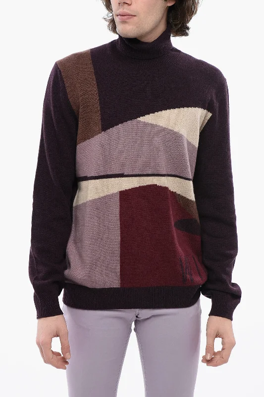 Playful Style Corneliani Cashmere Turtleneck Sweater With Multicolored Brand
