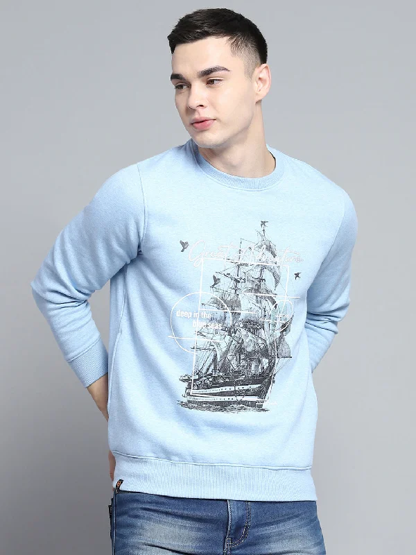 Casual Chic Men Sky Blue Printed Round Neck Full Sleeve Sweatshirt