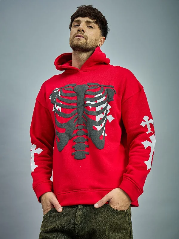 Timeless Style Red Fleece Rib Cage Graphic Oversized Hoodie