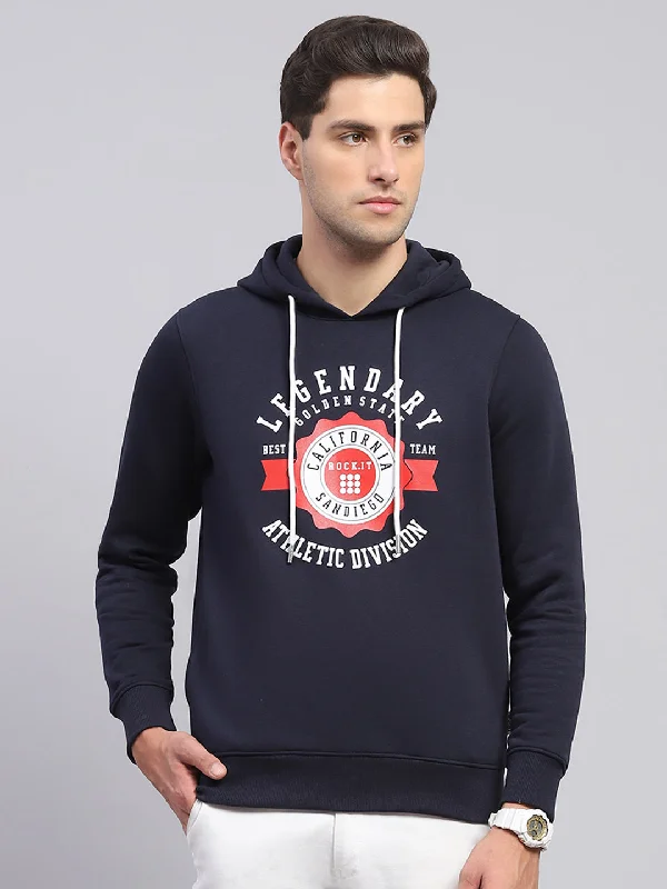 Casual Elegance Men Navy Blue Printed Hooded Full Sleeve Sweatshirt