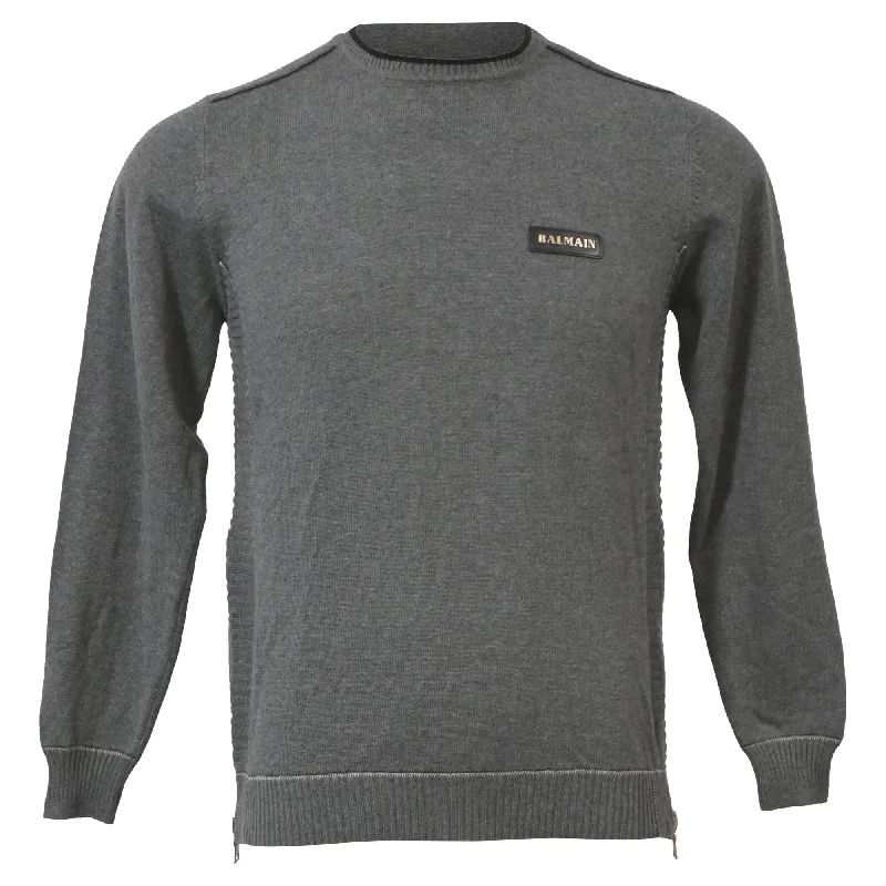 Casual Wear Balmain Knitted Logo Patch Round Neck Sweater in Grey Wool