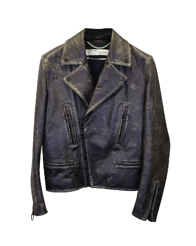 Comfy Layers Off-White Vintage-Effect Biker Jacket in Black Leather