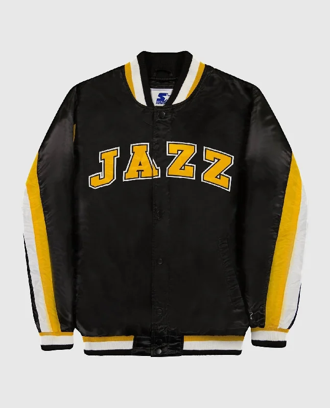 Casual Fit Men's Utah Jazz Varsity Satin Full Snap Ace Jacket In Black