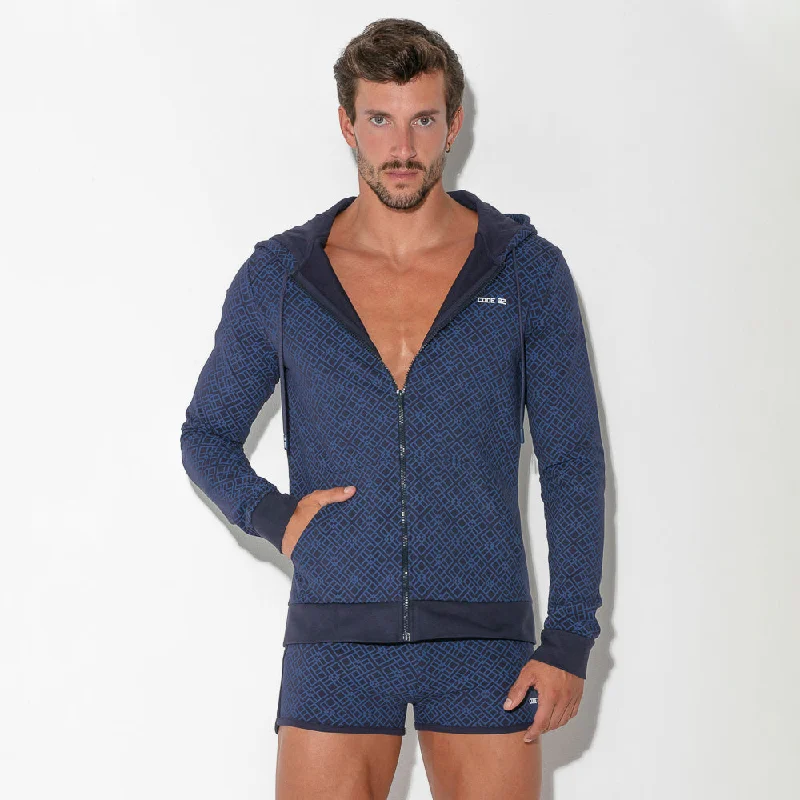 Soft Textures Code 22 Geometric slim-fit cotton hoodie 9811 navy blue