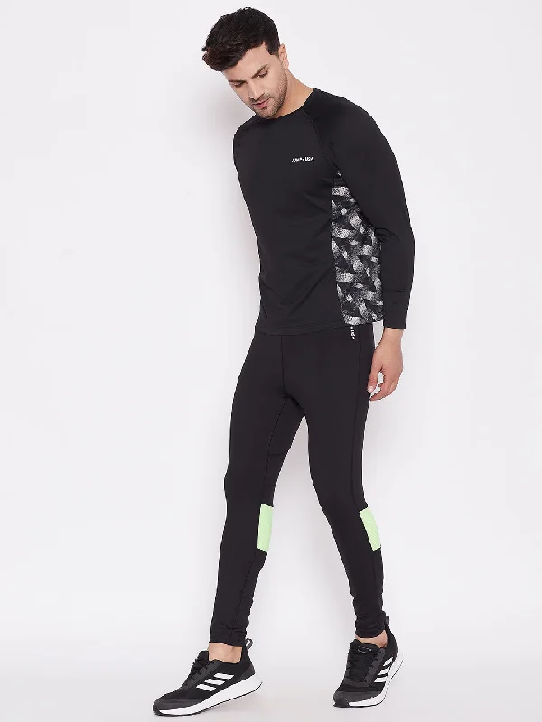Comfort Fit JUMP USA Men Black Green Solid Rapid Dry Activewear Tights