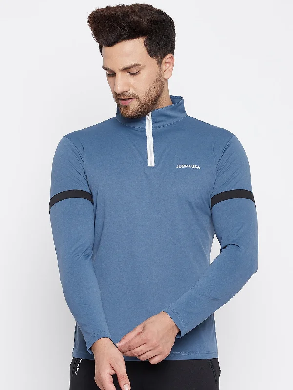 High Street Style JUMP USA Men Blue Sports Turtle Neck T-shirt