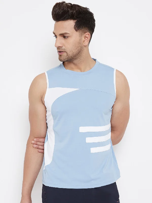 Modernism JUMP USA Men Blue & White Striped Active Wear T-shirt