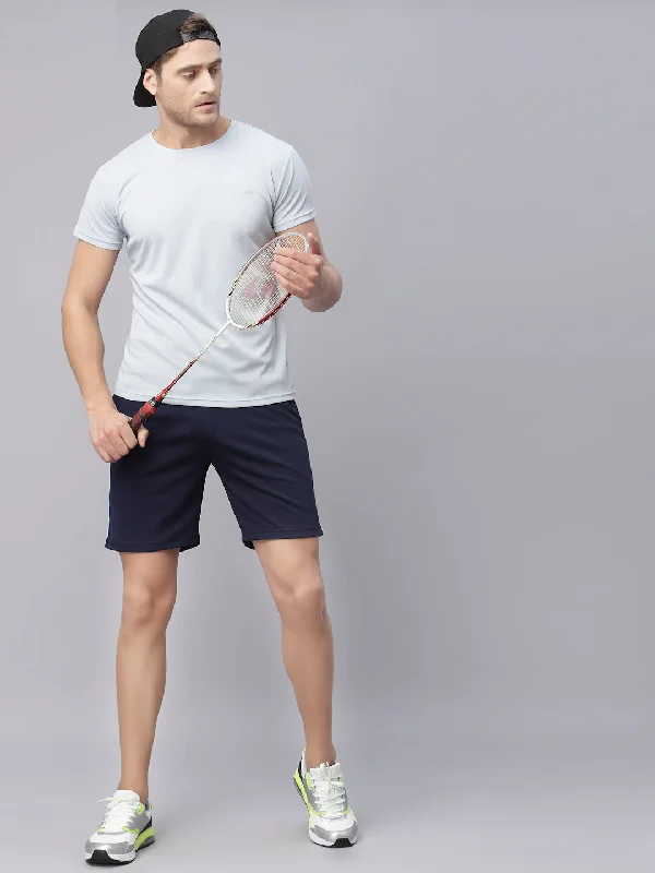 Unique Design JUMP USA Men Glacier Blue & Navy Blue Rapid Dry Solid T-Shirt With Shorts