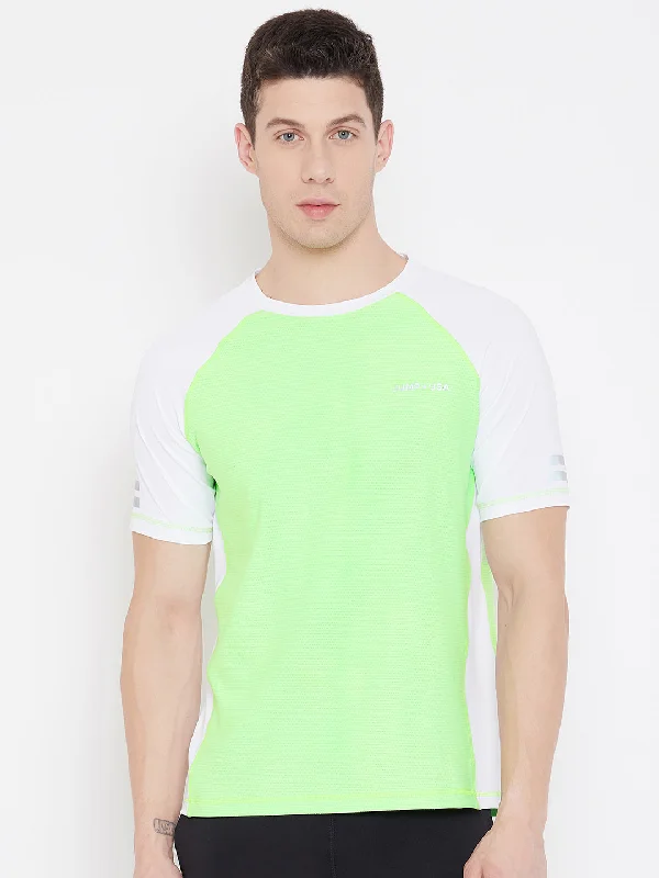 Youthful Style JUMP USA Men Green & White Solid Round Neck Sports T-shirt