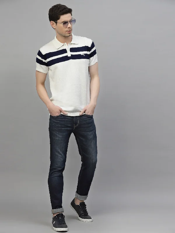 Cozy Fit Wear JUMP USA Men White & Navy Blue Polo Collar Pure Cotton T-Shirt