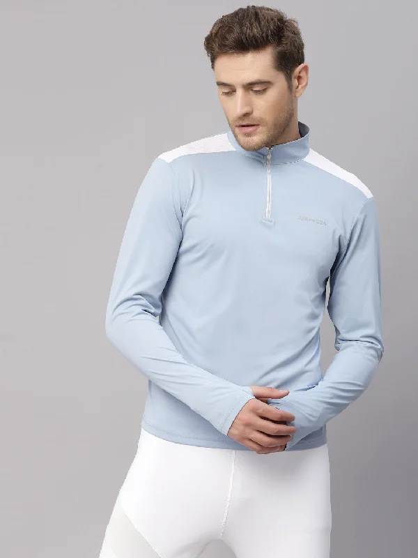 High-end Design JUMP USA Men's Blue White Solid Yoga Seamless High Neck T shirt