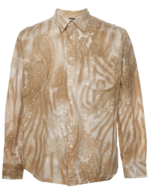 French Style 1990s Paisley Print Light Brown & White Shirt - M
