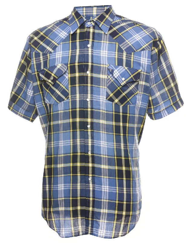 Minimal Style Blue & Yellow Short Sleeve Western Style Checked Shirt - L