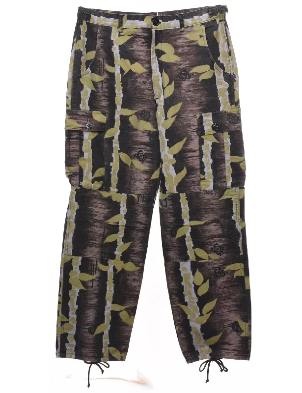 Comfortable Design Leafy Print Y2K Style Cargo Trousers - W32 L30